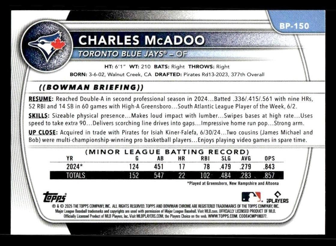 2025 Bowman #BP-150 Charles McAdoo Prospects