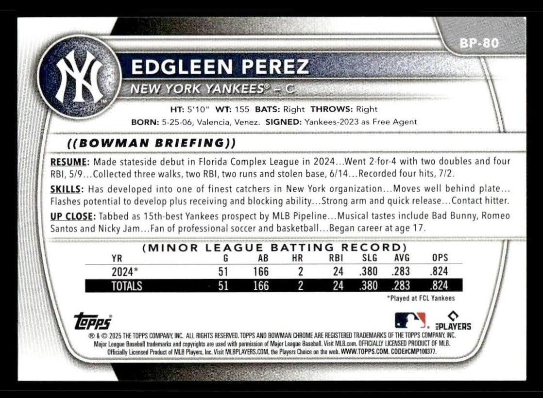 2025 Bowman #BP-80 Edgleen Perez Prospects