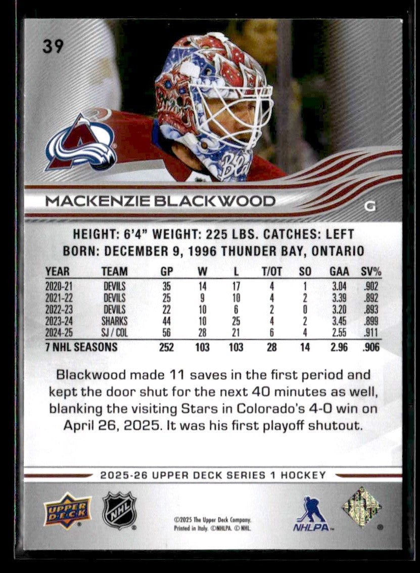 2025-26 Upper Deck #39 Mackenzie Blackwood