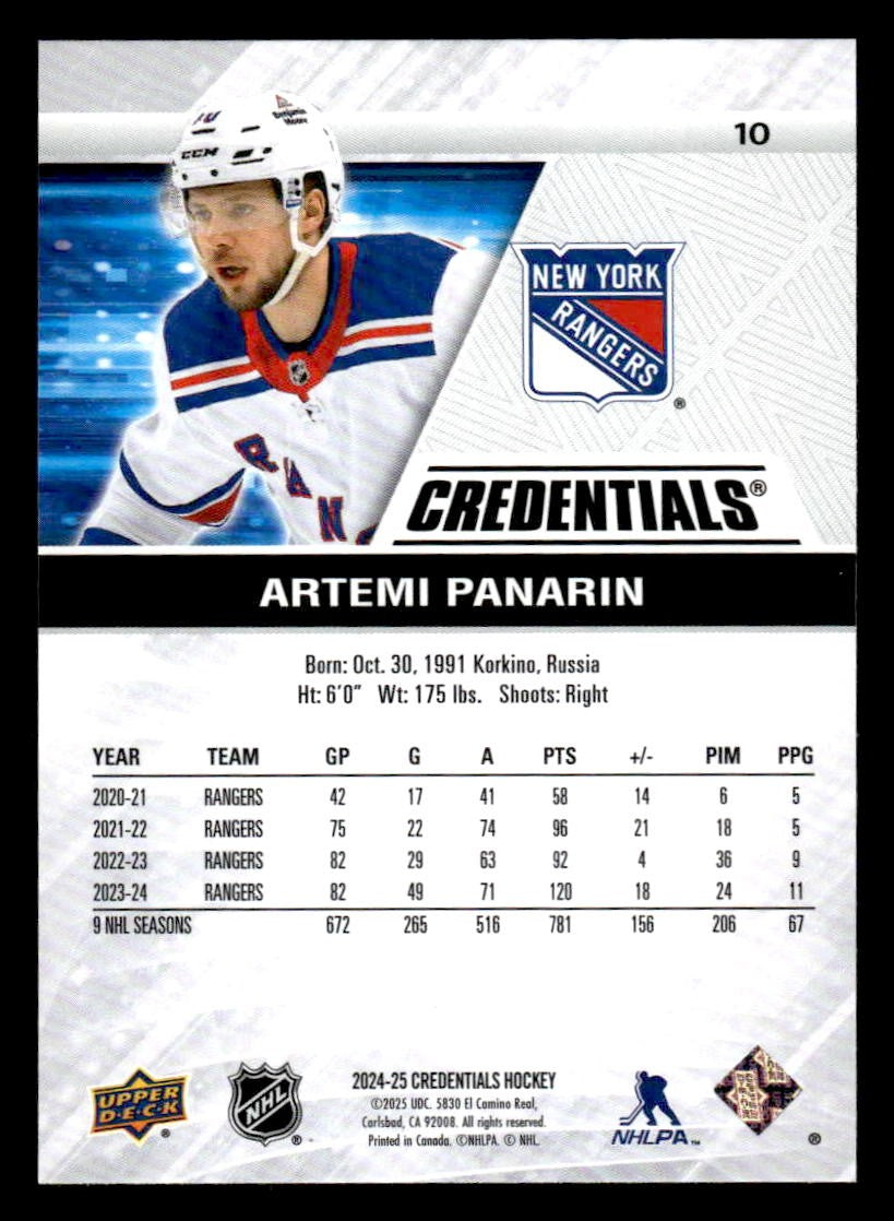 2024-25 Upper Deck Credentials #10 Artemi Panarin