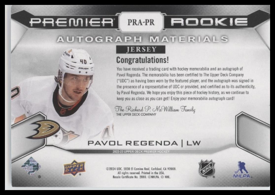 2022-23 Upper Deck Premier #PRA-PR Pavol Regenda 2022 Premier Rookie Auto Jersey