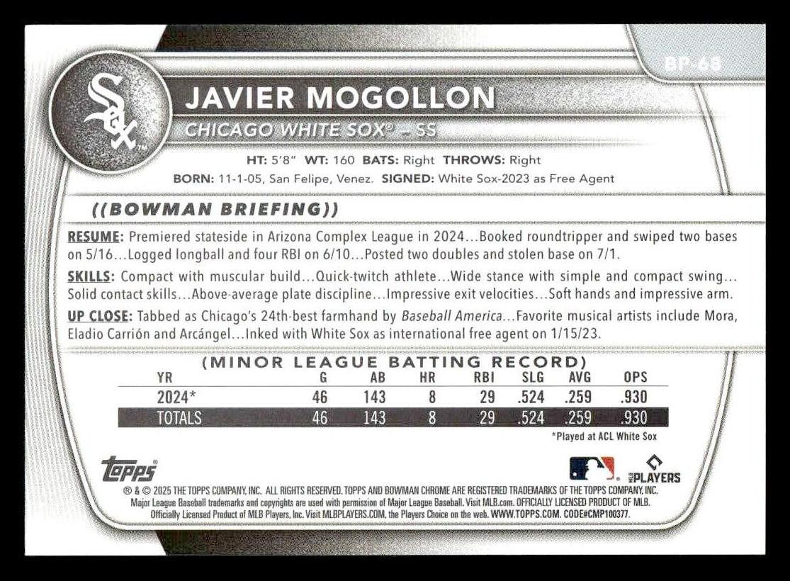 2025 Bowman #BP-68 Javier Mogollon Prospects