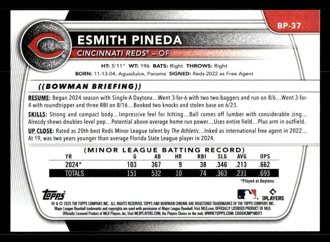 2025 Bowman #BP-37 Esmith Pineda Prospects