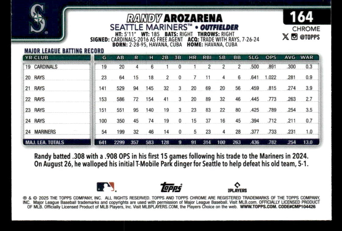 2025 Topps Chrome #164 Randy Arozarena