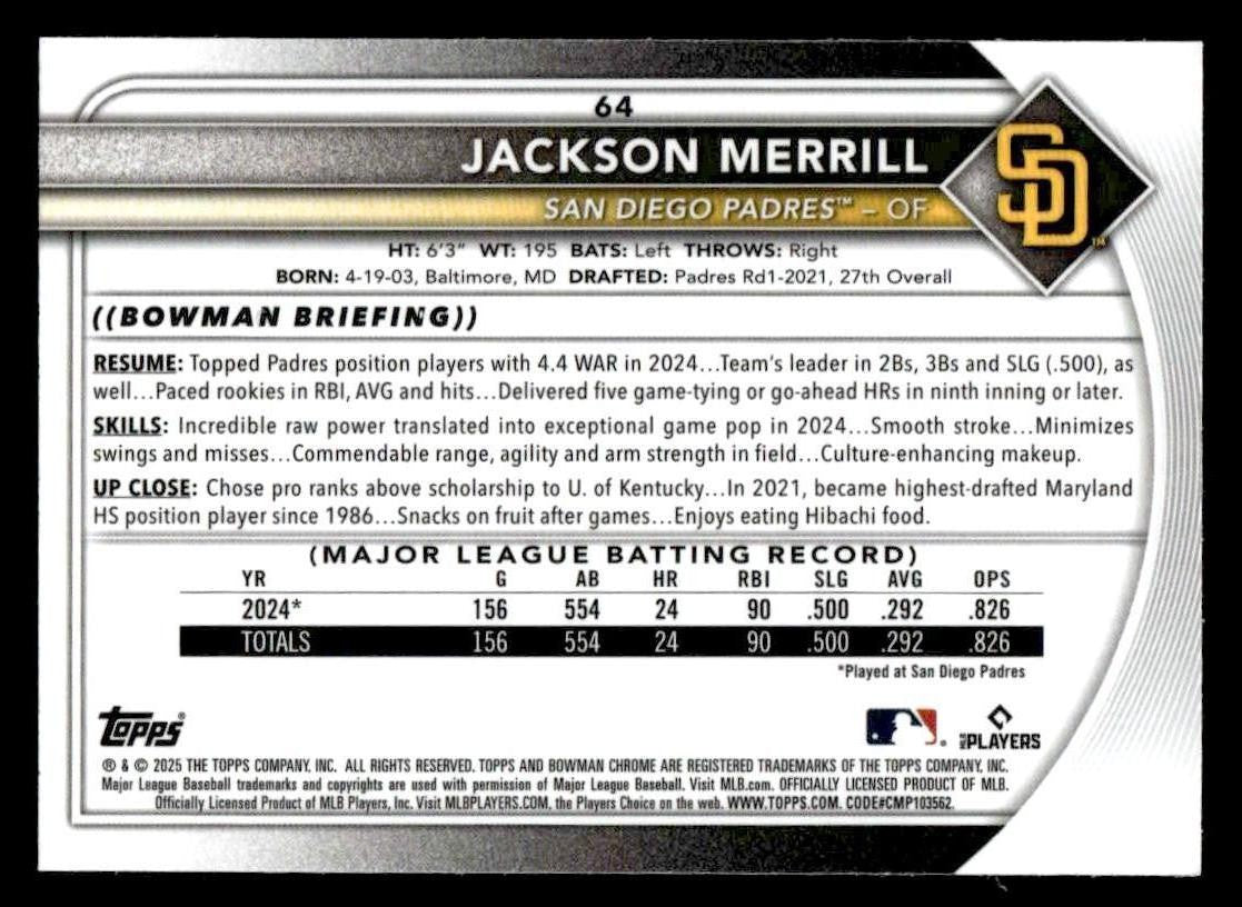 2025 Bowman #64 Jackson Merrill Mega Refractor
