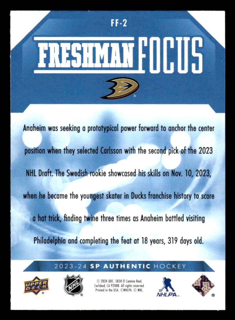 2023-24 SP Authentic #FF-2 Leo Carlsson Freshman Focus Blue