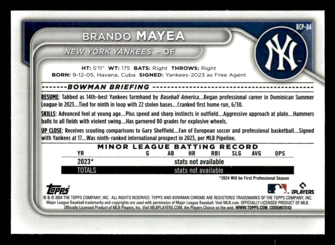 2024 Bowman #BCP-84 Brando Mayea Chrome Prospects