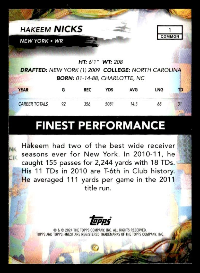 2024 Finest #1 Hakeem Nicks Blue Checkerboard Refractor #/99