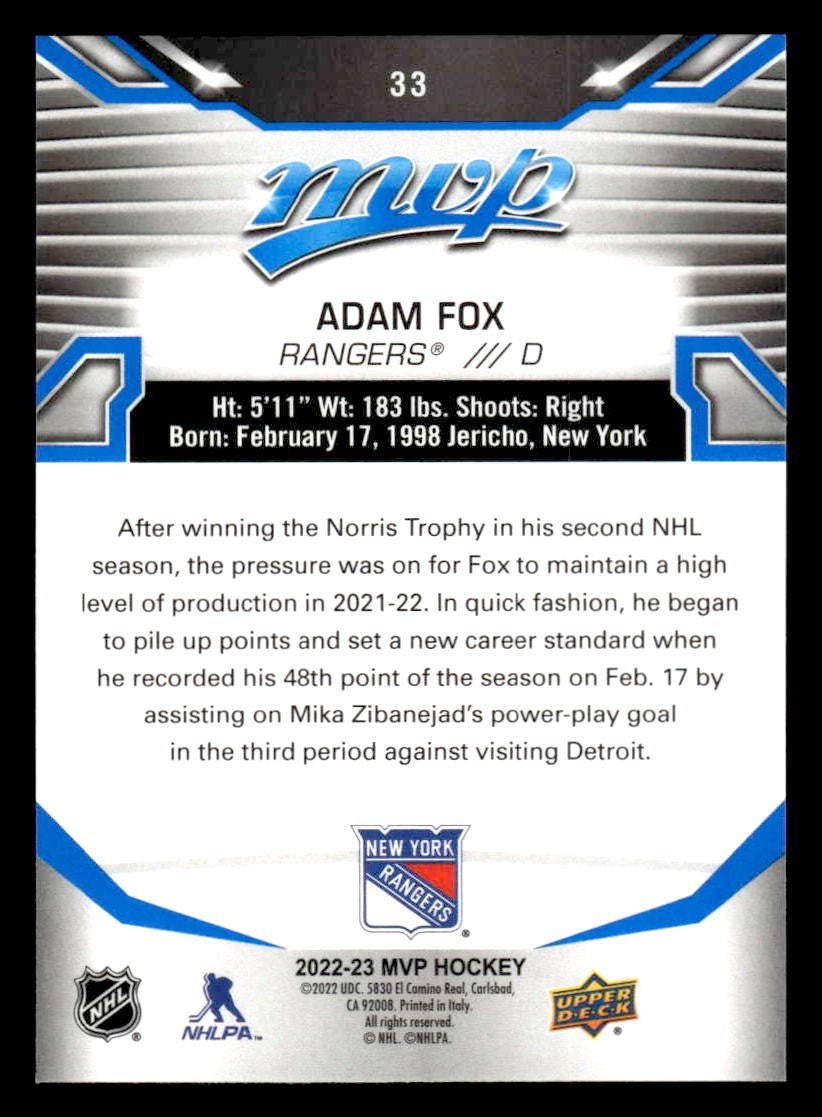 2022-23 Upper Deck MVP #33 Adam Fox Blue Script