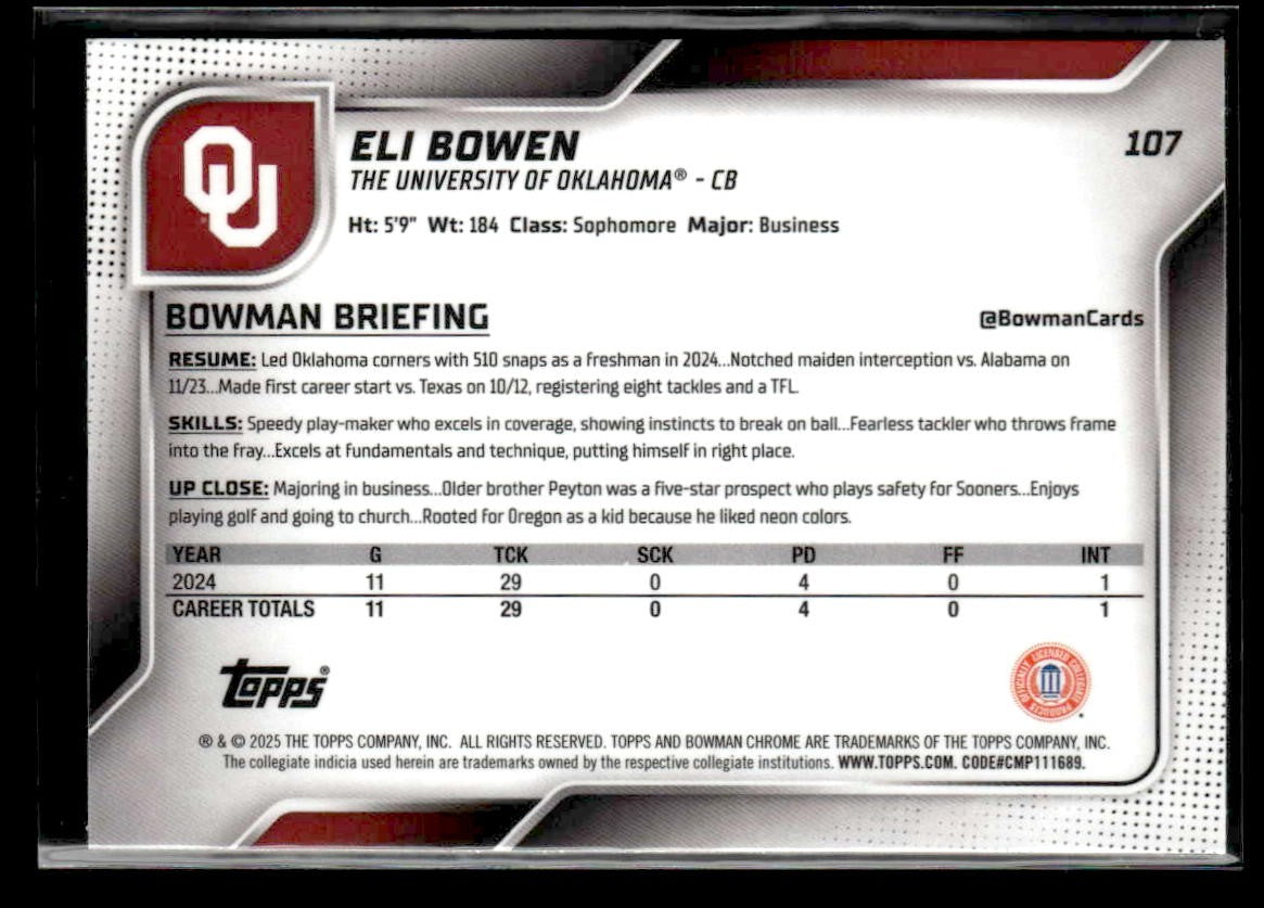 2025 Bowman University Chrome #107 Eli Bowen