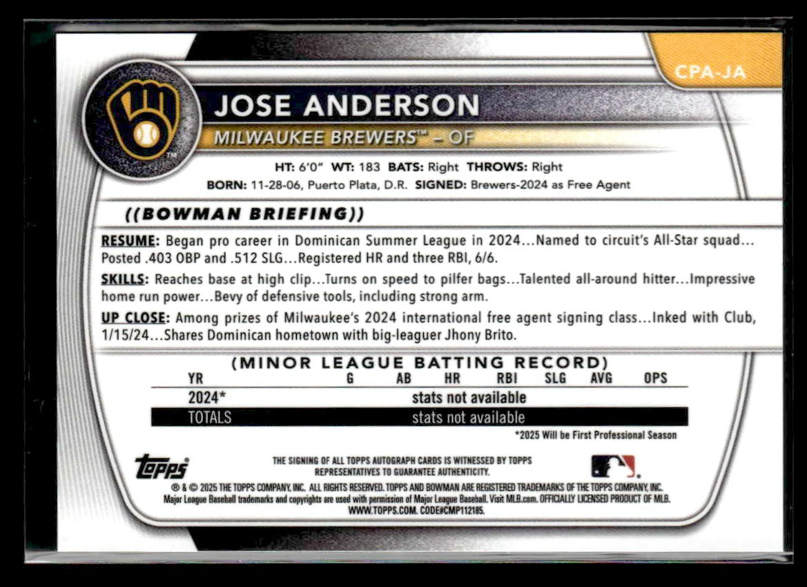 2025 Donruss Chrome #CPA-JA Jose Anderson Prospect Autos