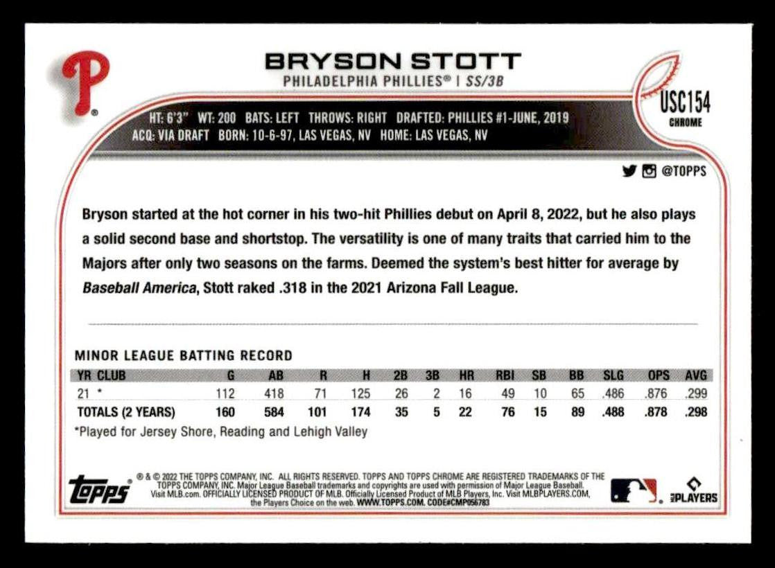 2022 Topps Chrome Update #USC154 Bryson Stott Purple Refractor