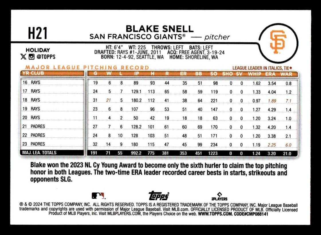 2024 Topps Holiday #H21 Blake Snell Holiday Tree