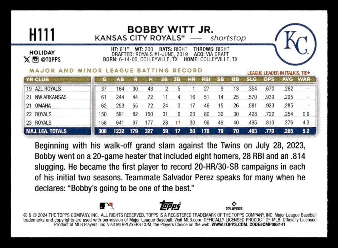 2024 Topps Holiday #H111 Bobby Witt Jr.