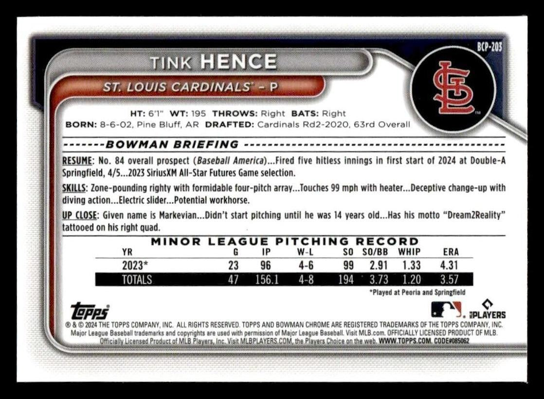 2024 Bowman Chrome #BCP-203 Tink Hence Prospects
