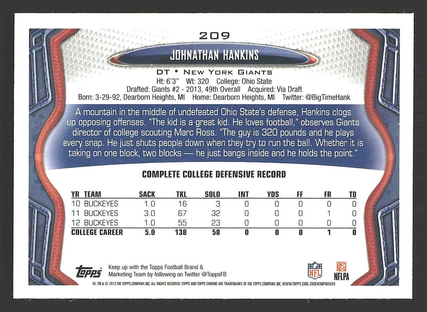2013 Topps Chrome #209 Johnathan Hankins