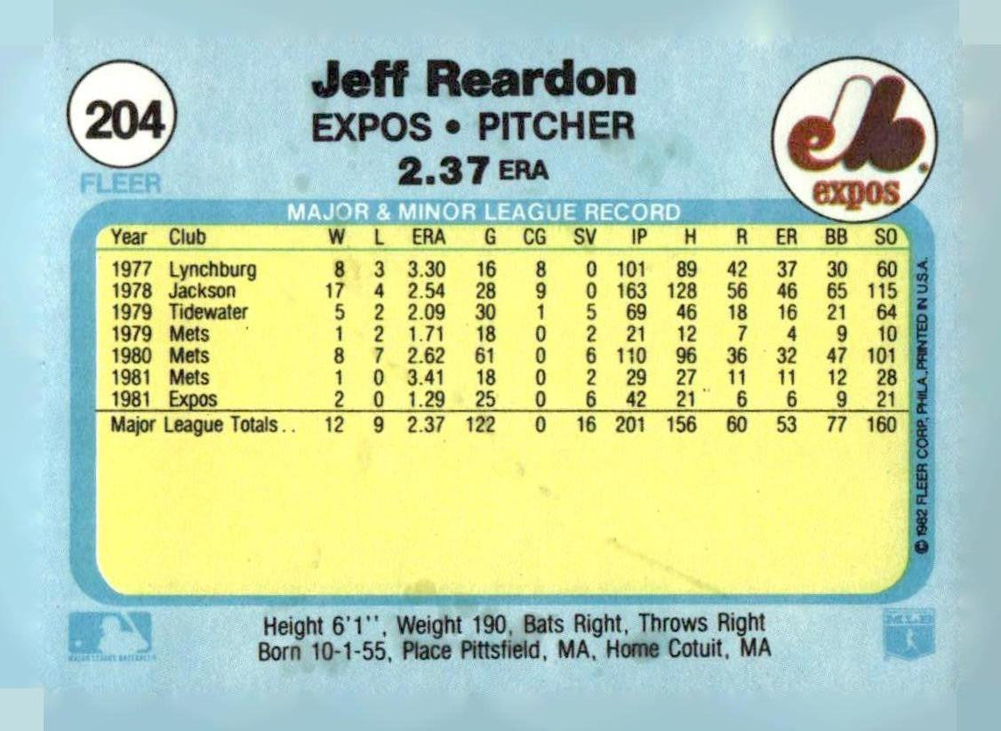 1982 Fleer #204 Jeff Reardon