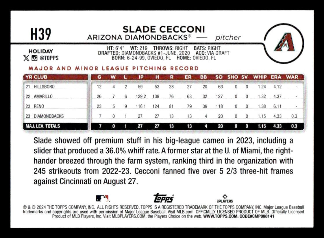 2024 Topps Holiday #H39 Slade Cecconi