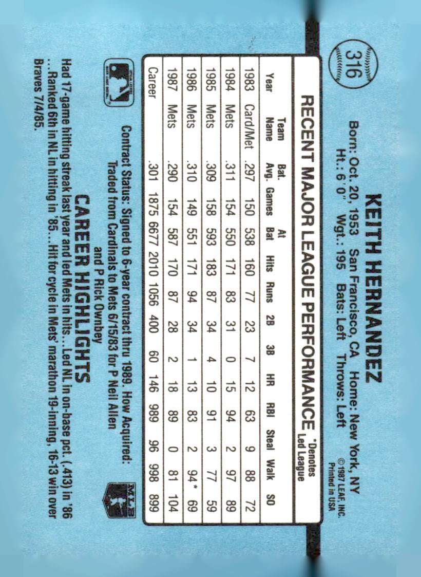 1988 Donruss #316c Keith Hernandez