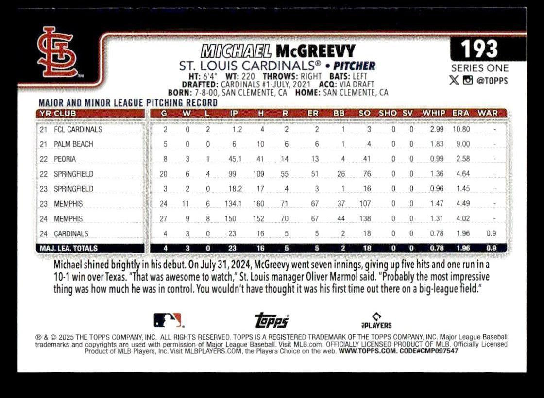 2025 Topps #193 Michael McGreevy