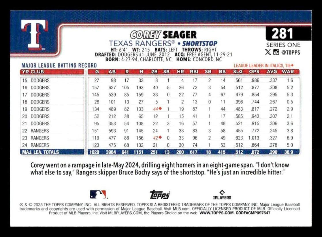 2025 Topps #281 Corey Seager