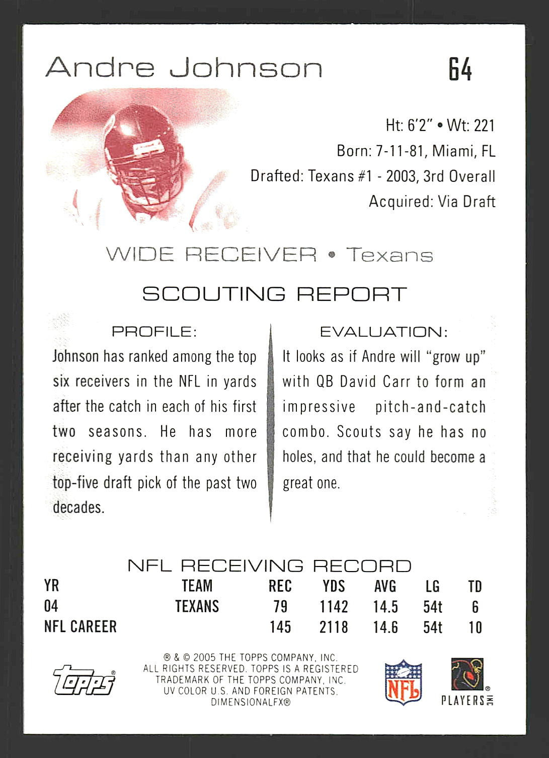2005 Topps Draft Picks & Prospects #64 Andre Johnson Chrome