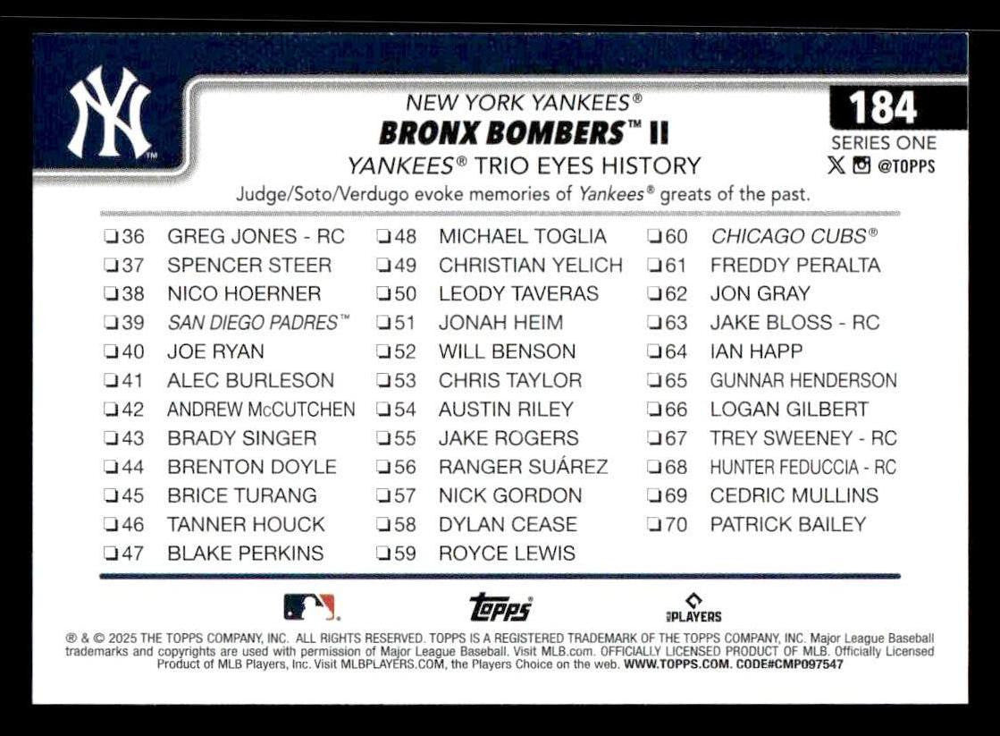 2025 Topps #184 Bronx Bombers II: Yankees Trio Eyes History