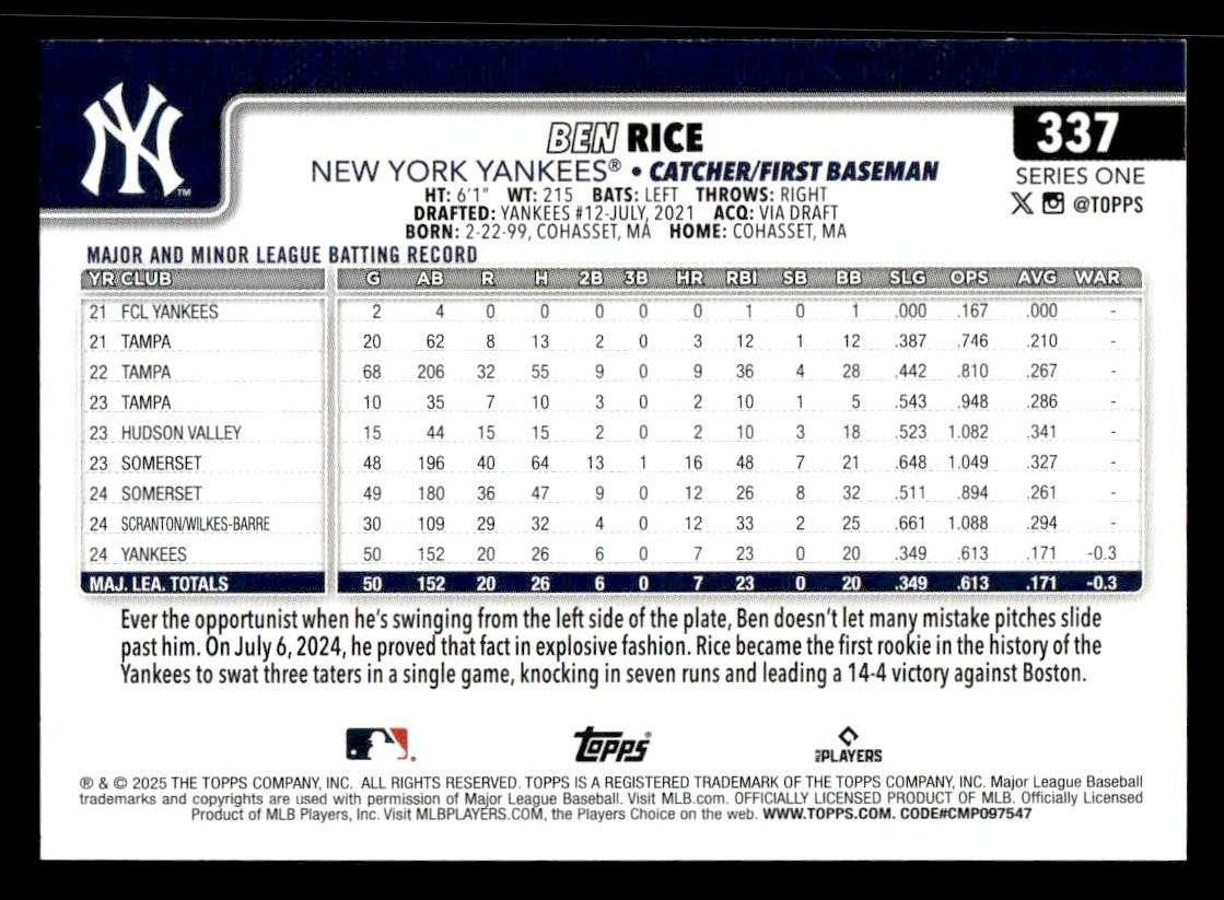 2025 Topps #337 Ben Rice