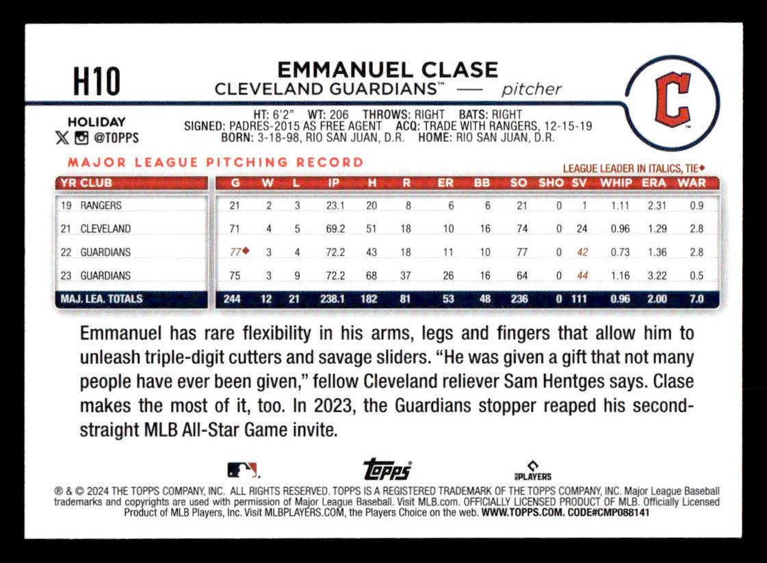 2024 Topps Holiday #H10 Emmanuel Clase