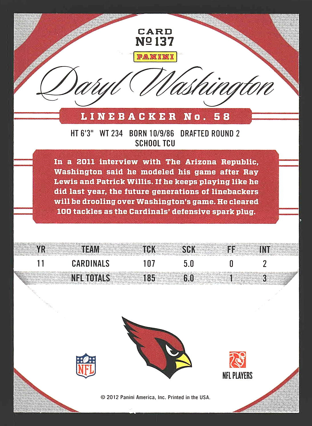 2012 Panini Certified #137 Daryl Washington