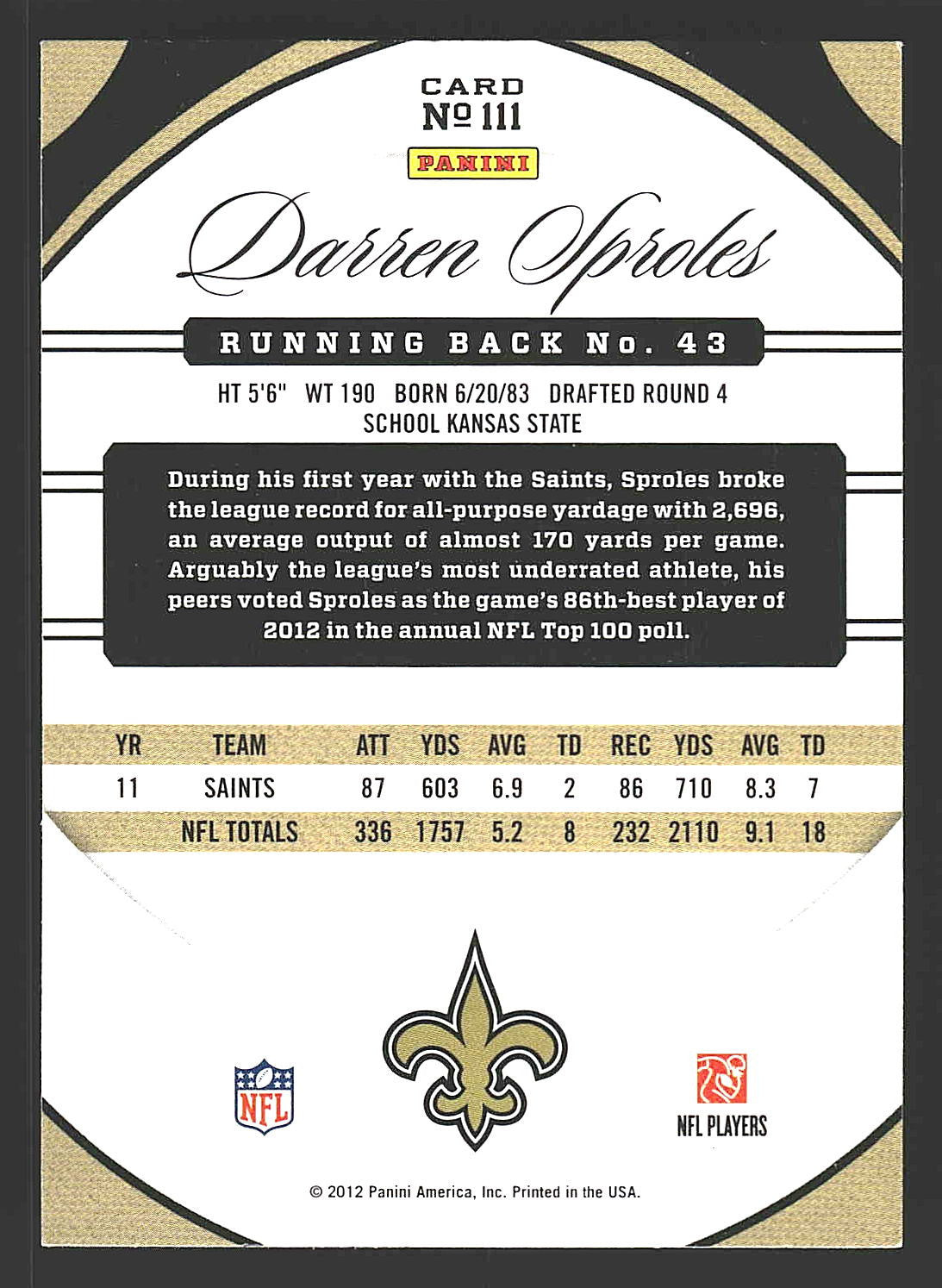 2012 Panini Certified #111 Darren Sproles