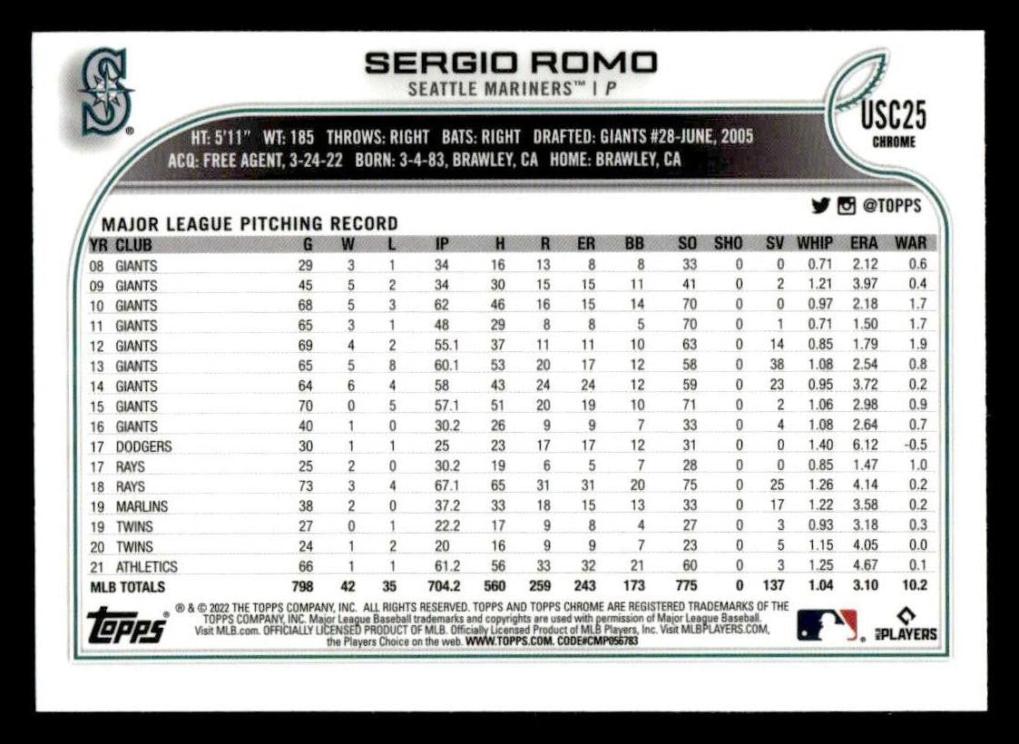 2022 Topps Chrome Update #USC25 Sergio Romo Purple Refractor