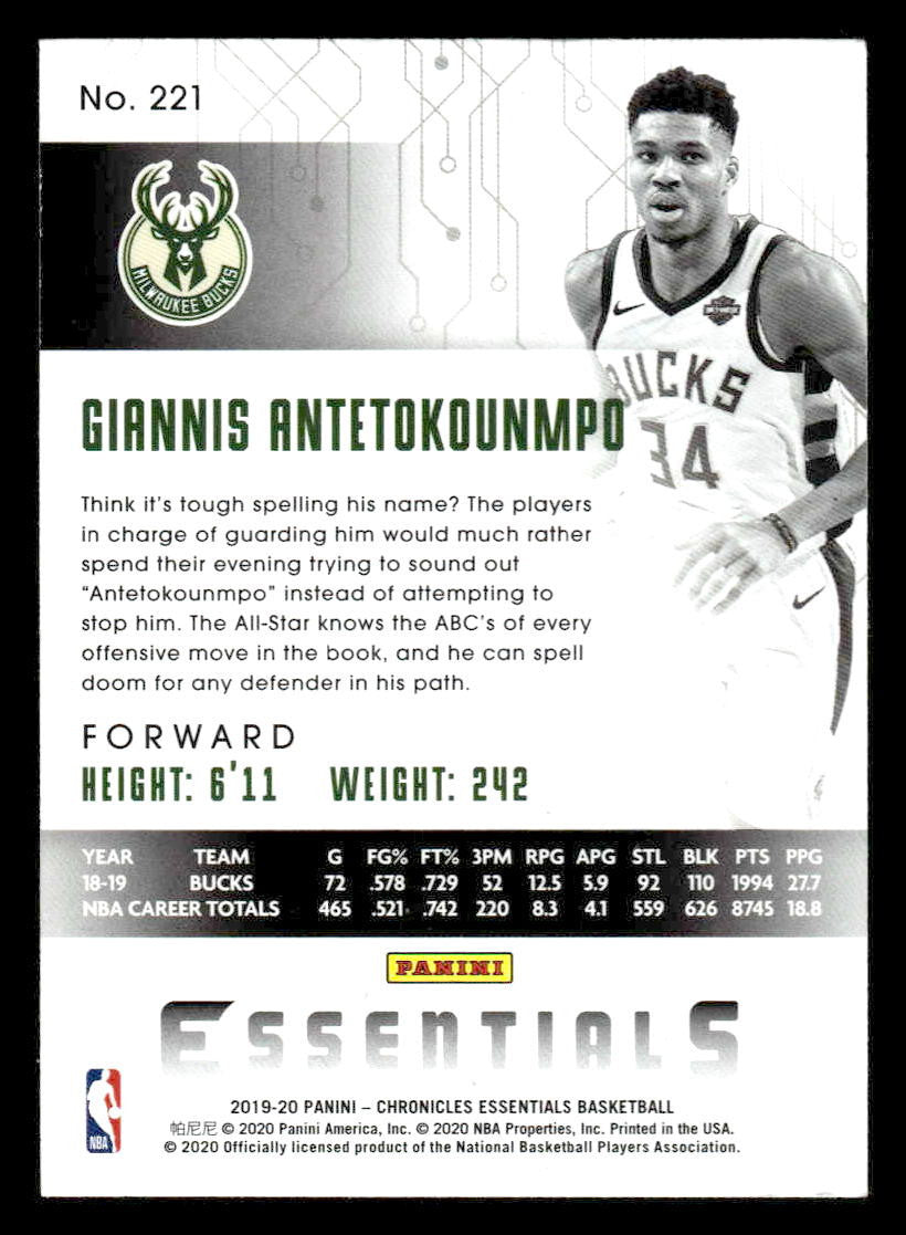 2019-20 Panini Chronicles #221 Giannis Antetokounmpo
