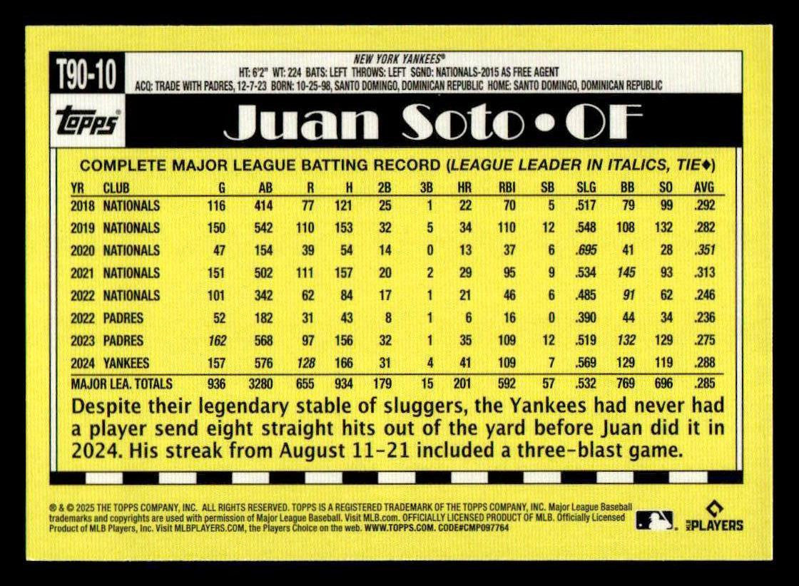2025 Topps #T90-10 Juan Soto 1990 Topps Baseball 35th Anniversary