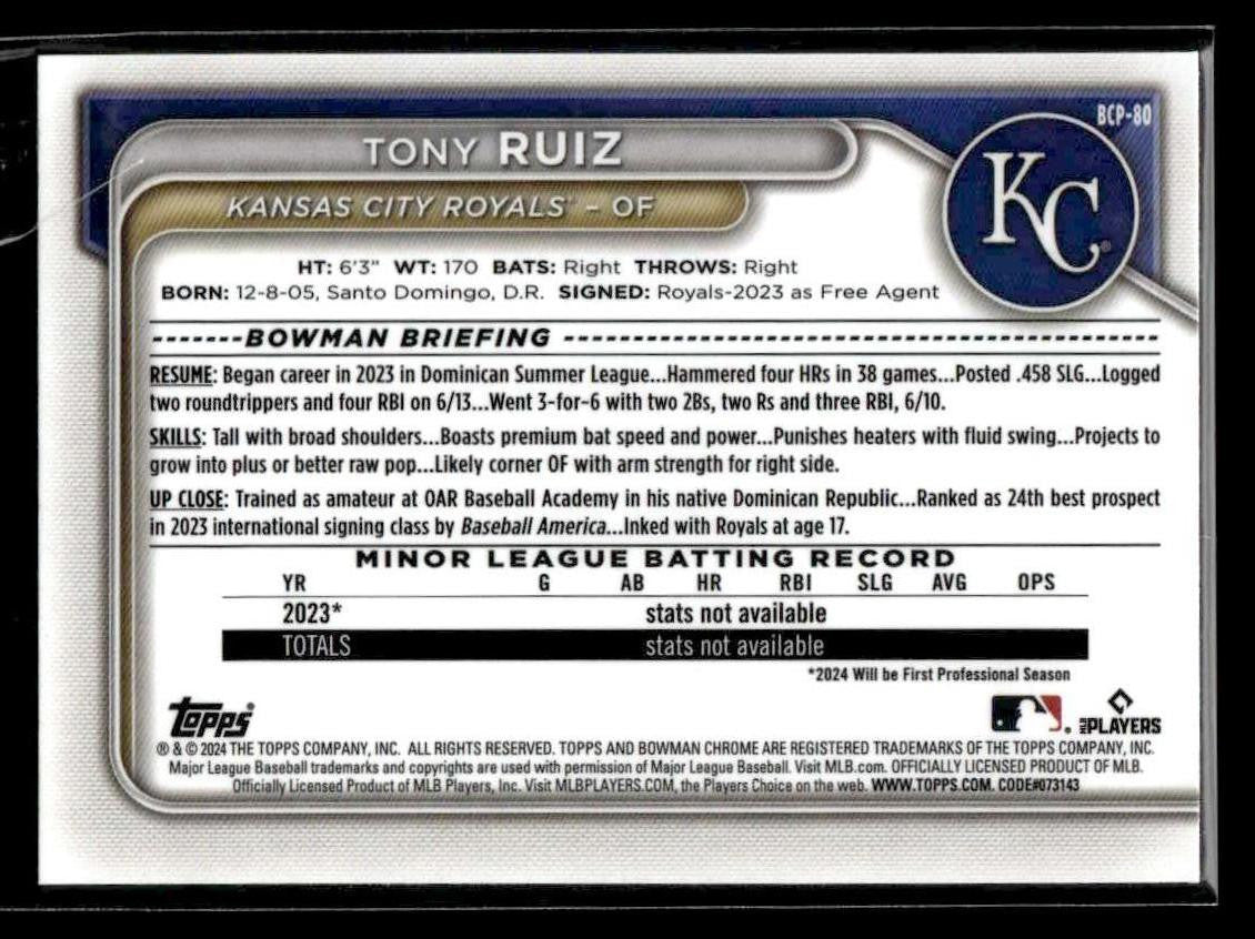 2024 Bowman #BCP-80 Tony Ruiz Chrome Prospects