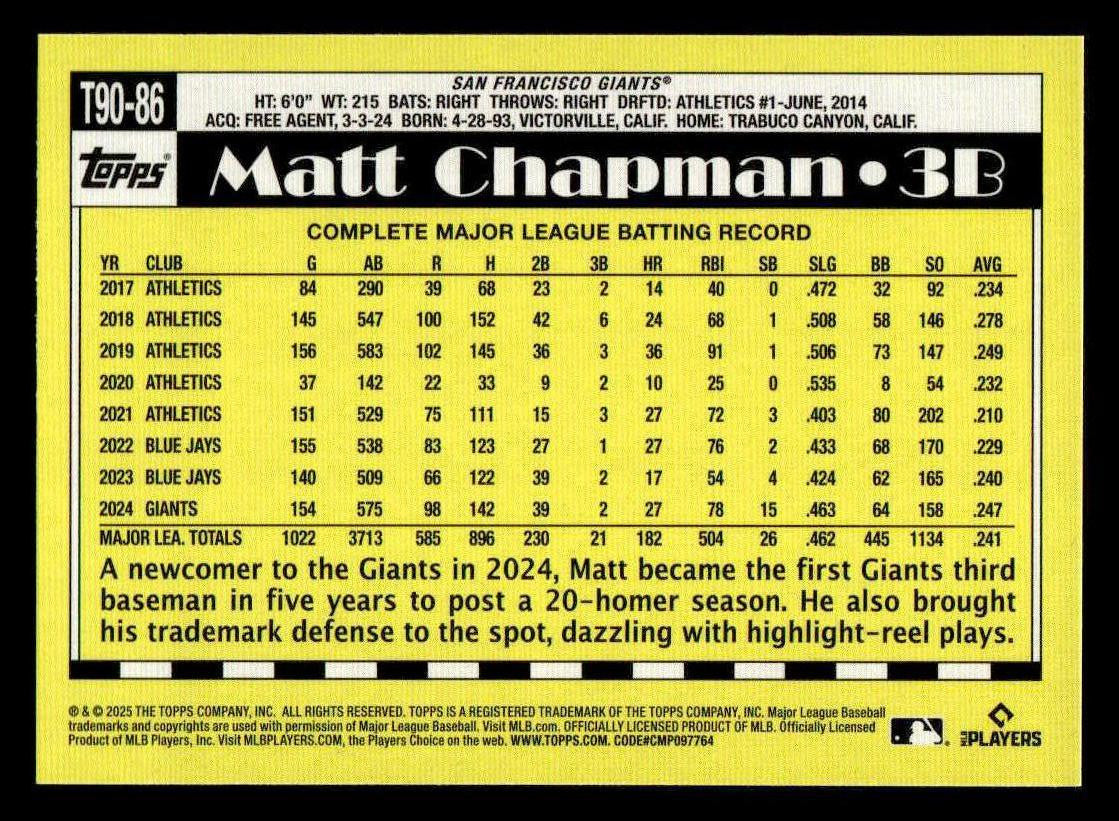 2025 Topps #T90-86 Matt Chapman 1990 Topps Baseball 35th Anniversary