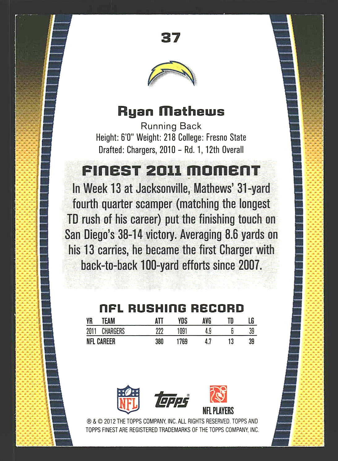 2012 Finest #37 Ryan Mathews