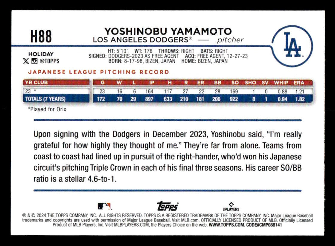2024 Topps Holiday #H88 Yoshinobu Yamamoto