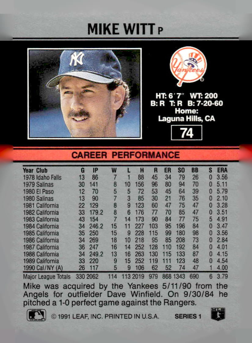 1991 Leaf #74 Mike Witt