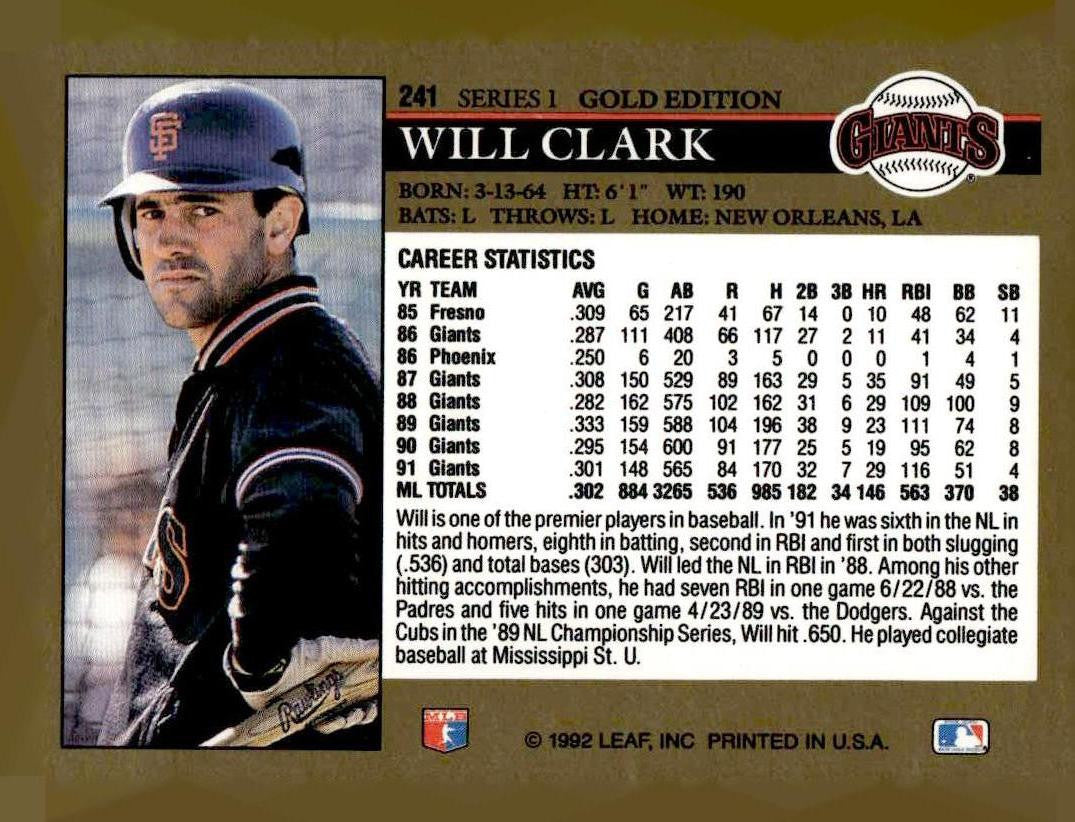 1992 Leaf #241 Will Clark Black Gold