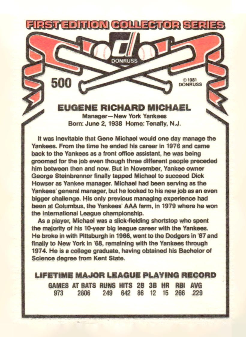 1981 Donruss #500 Gene Michael