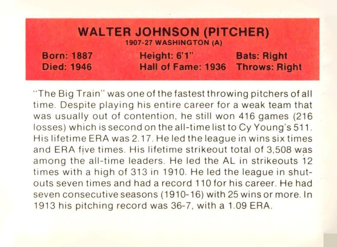 1987 Hygrade All-Time Greats #NNO Walter Johnson