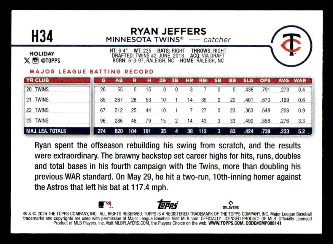 2024 Topps Holiday #H34 Ryan Jeffers