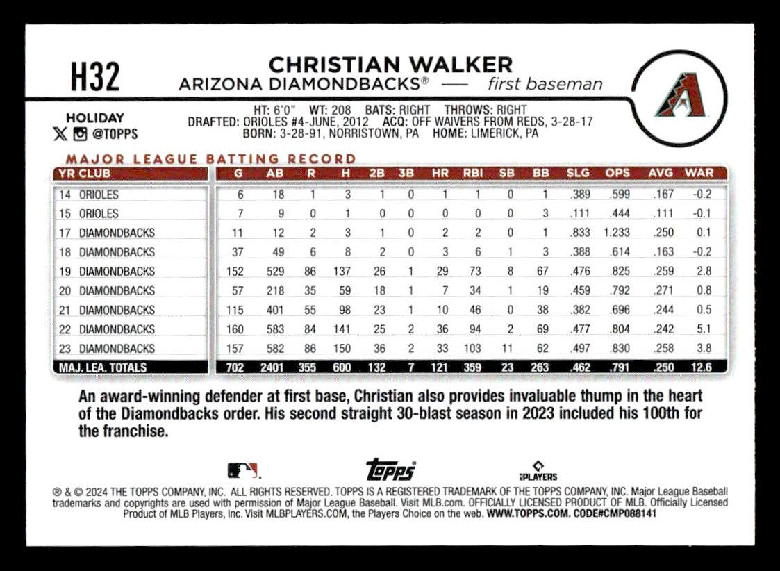 2024 Topps Holiday #H32 Christian Walker