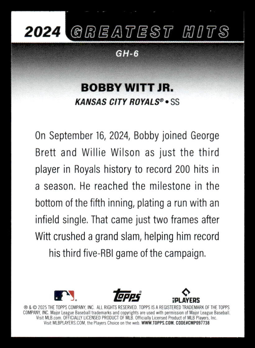 2025 Topps #GH-6 Bobby Witt Jr. 2024's Greatest Hits