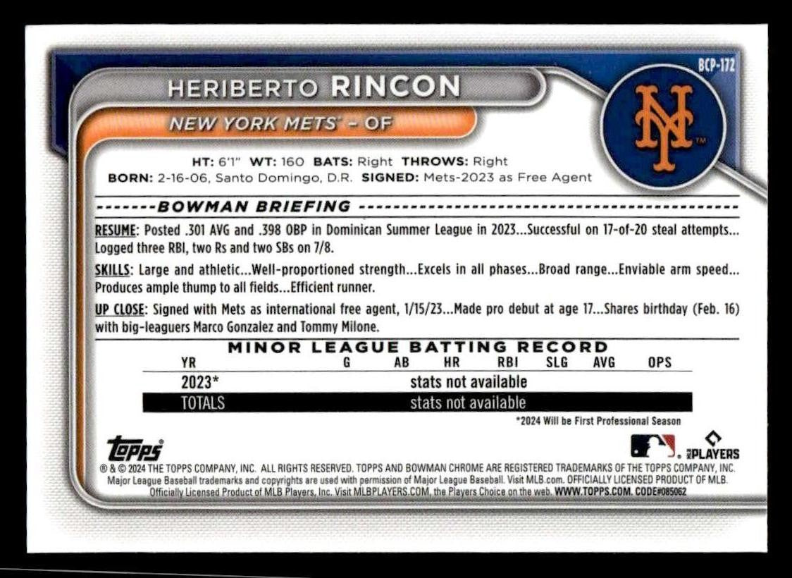 2024 Bowman Chrome #BCP-172 Heriberto Rincon Prospects