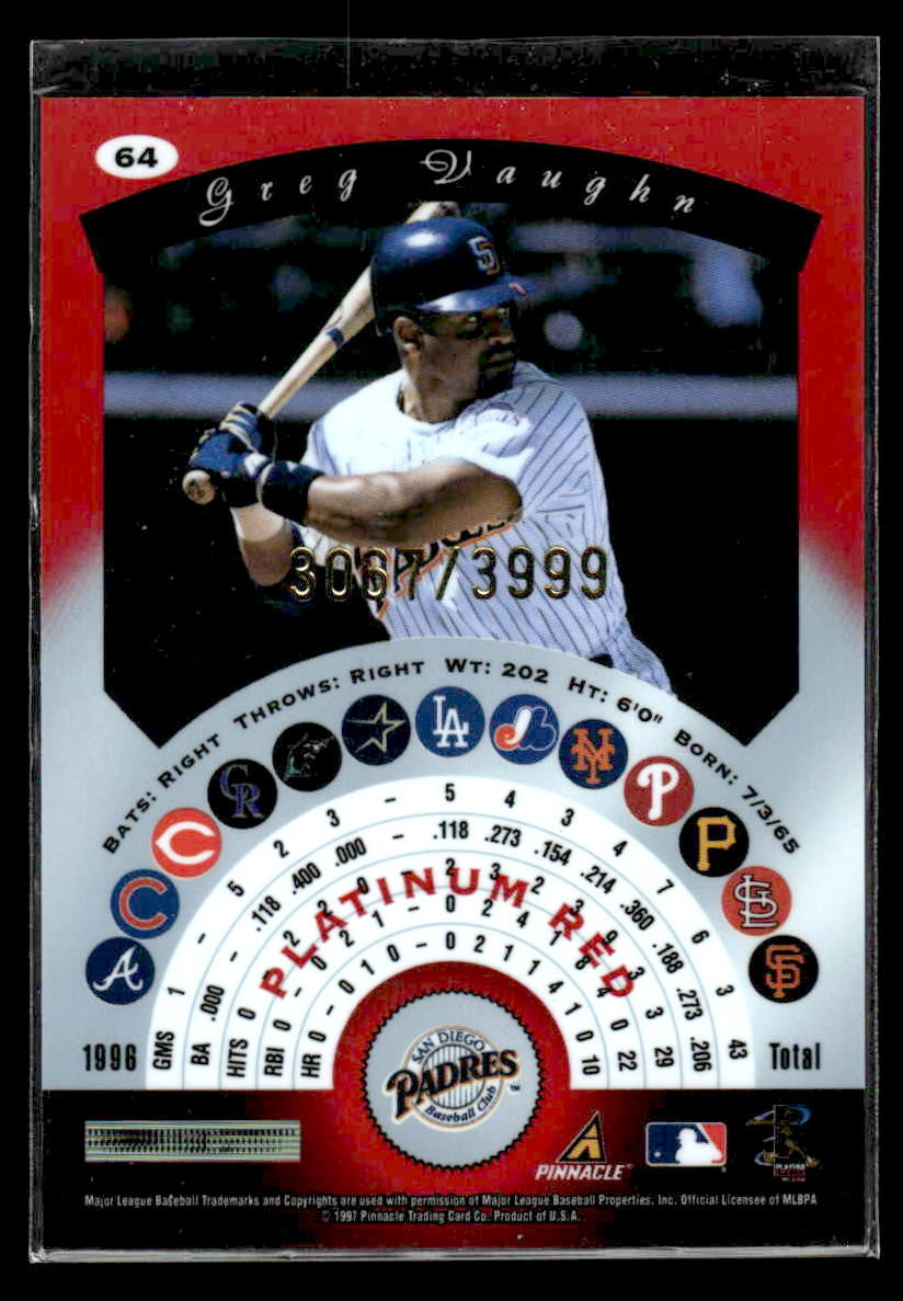 1997 Pinnacle Totally Certified #64 Greg Vaughn #/3999