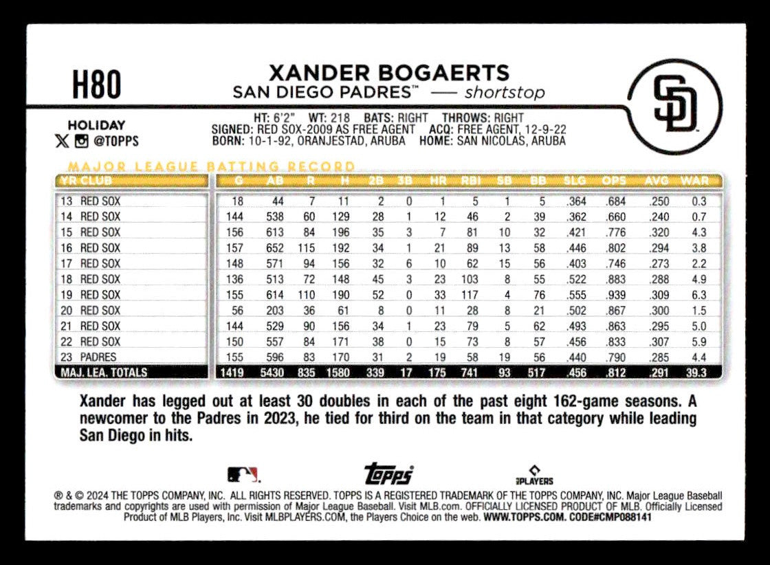 2024 Topps Holiday #H80 Xander Bogaerts