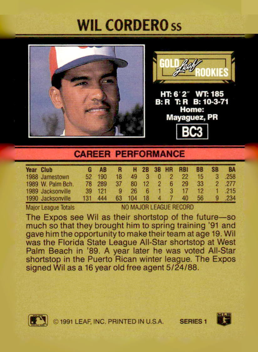 1991 Leaf #267 Wil Cordero Gold Rookies Numbered Variations