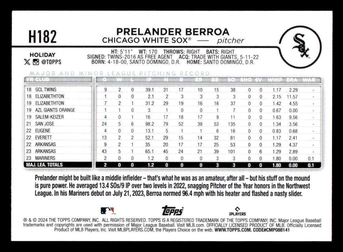 2024 Topps Holiday #H182 Prelander Berroa